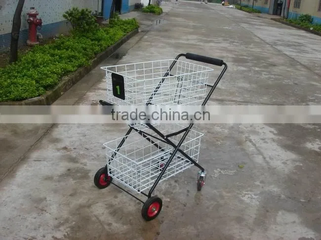 Foldable spray tennis / supermarket metal 2 baskets shopping trolley