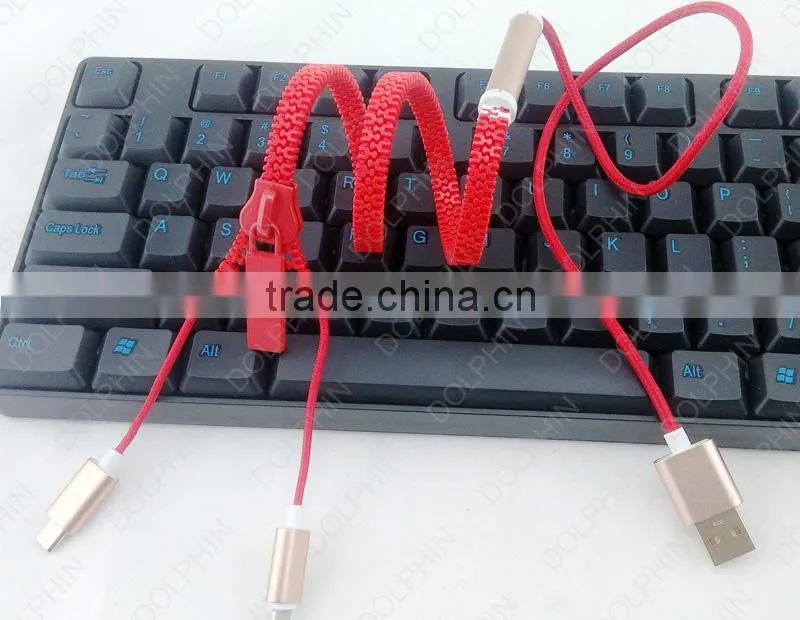 China factory wholesale 2 in 1 usb data cable fluorescent illuminated material flat zipper usb cable