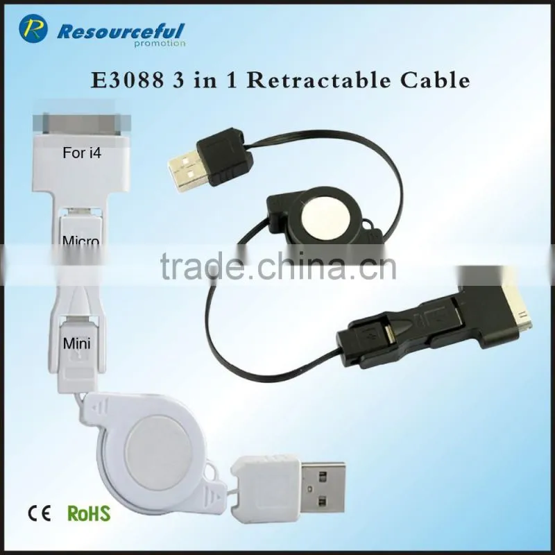 New premium 3 in 1 foldable cellphone electrial USB charger data cable