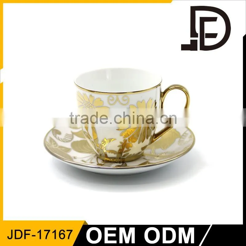 2017 elegant golden rim new design coffee tea water cups and saucers