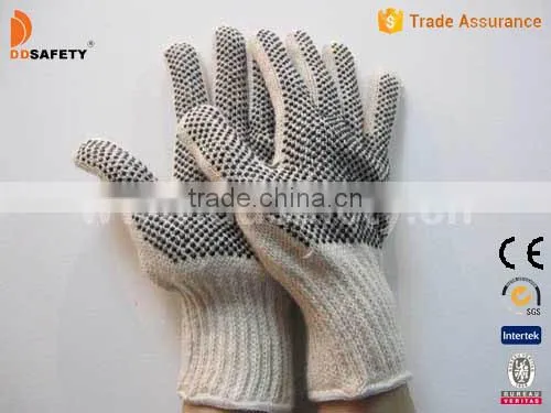 DDSAFETY 2017 7G Natural Cotton Polyester String Knit Gloves with Black PVC Dots Safety Gloves