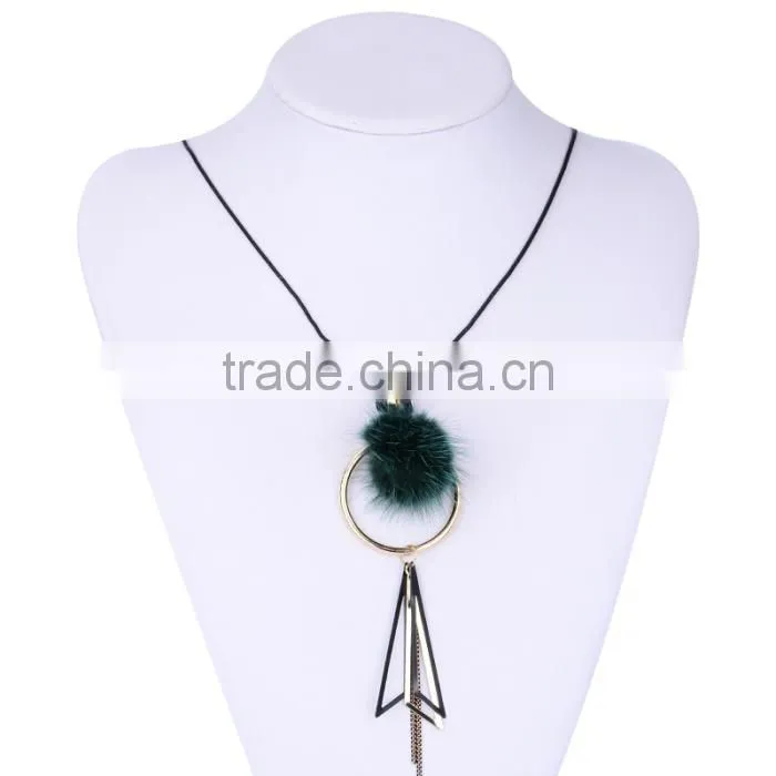 mink fur ball hoop triangle pendant necklace hot selling geometric necklace
