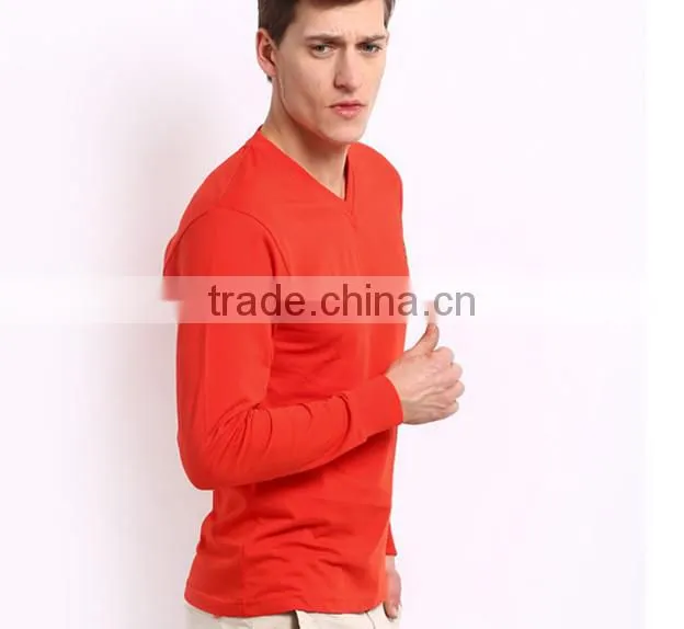 cotton plain long sleeve red t shirt with V neckline