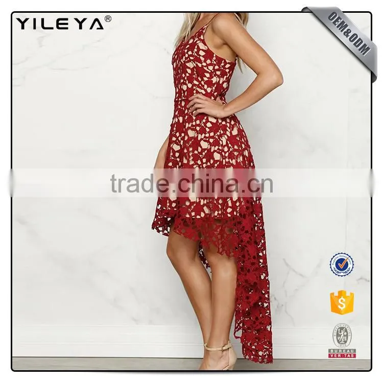 China dress manufacturer women dress fashion short front long back casual red hollow out lace dress