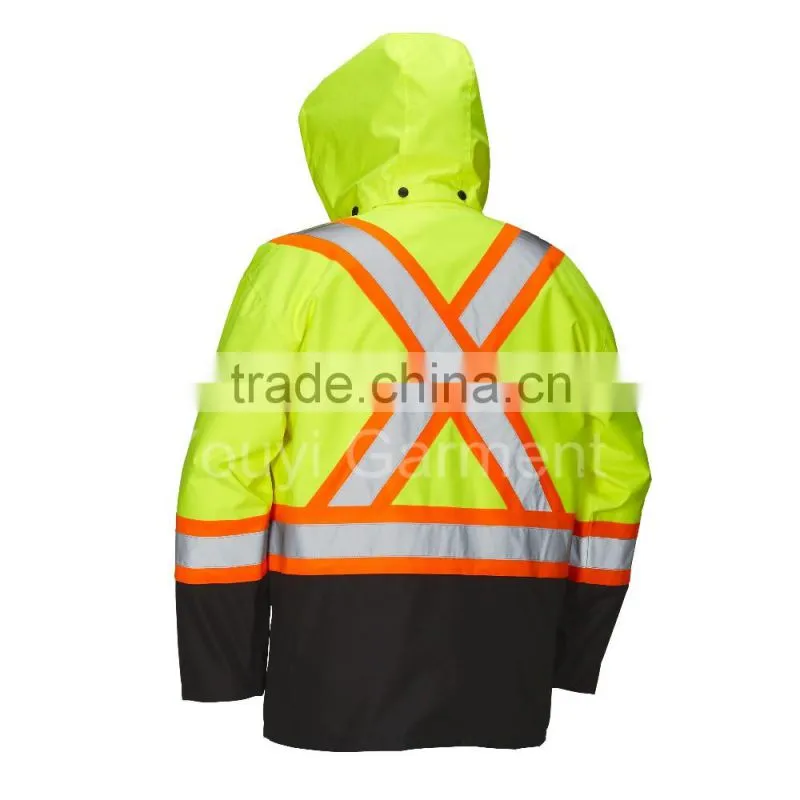 DOUBLE COLOUR SAFETY RAIN JACKET WITH SNAP-OFF HOOD