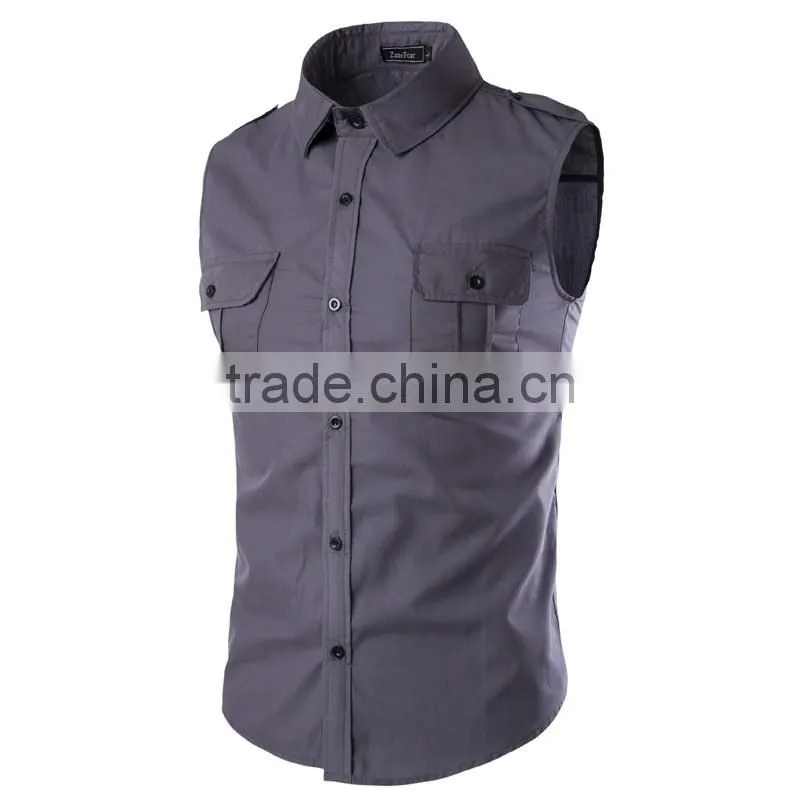 Two chest pockets sleeveless casual cotton men shirts