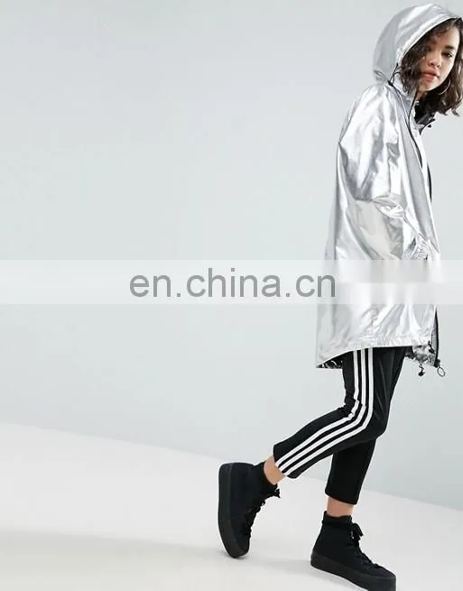 Wholesale classic outside women nylon custom plain sliver metallic long jacket