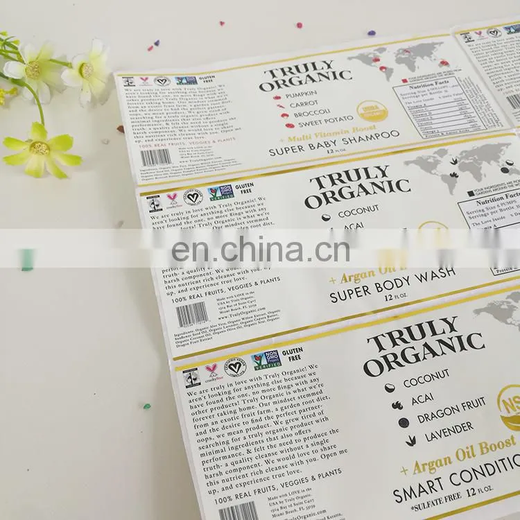 Cheap price organic food bottle labels sticker plastic sticker with gold stamping