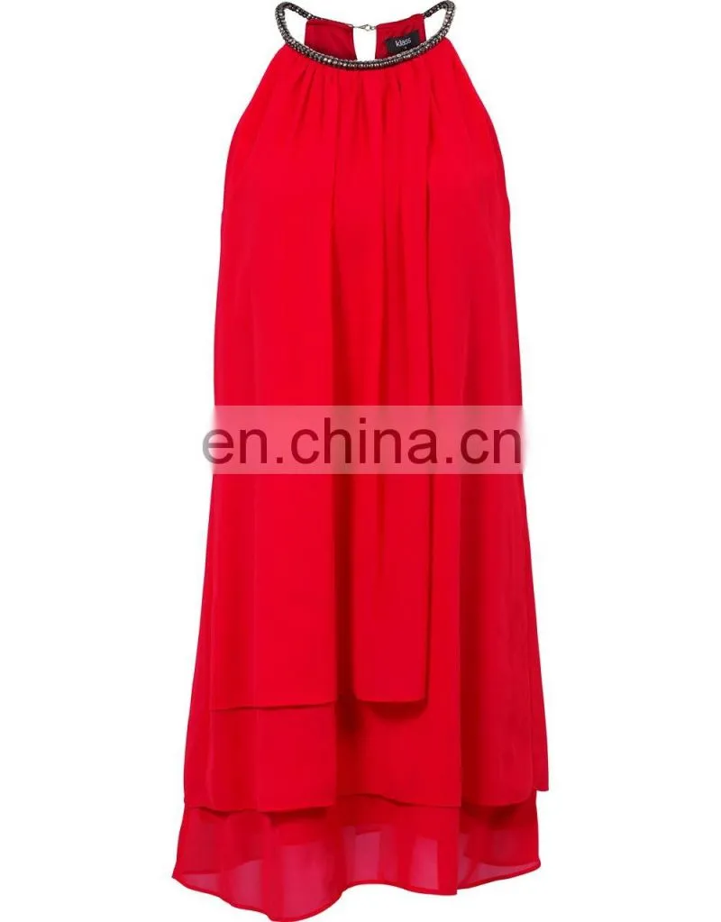 Solid Red Long Layer Women Tunics with Beaded Halter Dress