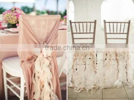Fashionable design wholesale blush chiffon ruffled wedding chair cover sash with hood