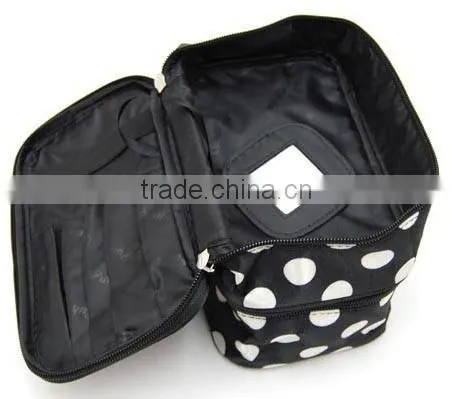 Cosmetic Bag Double Layer Dot Pattern Travel Toiletry Bag Organizer With Mirror,Polka fabric makeup train artist case
