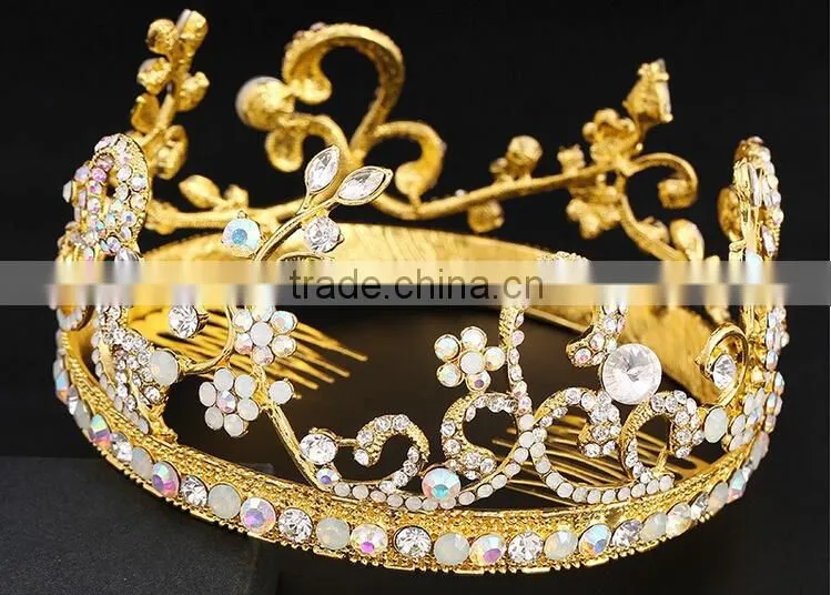 Top quality handmade bridal hair accessories luxury rhinestone crown gold plated hair accessories