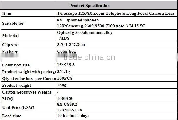 For iphone 5 /Samsung S4 Camera Lenses 12x Telephoto Lens Long Focal Lens with tripod.