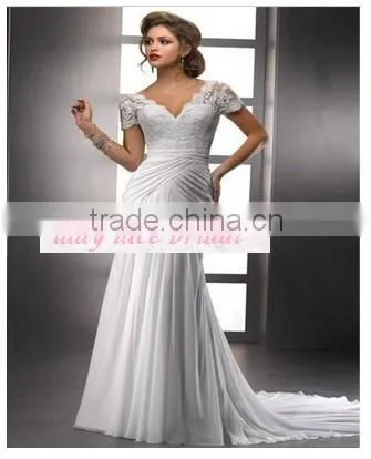 2015 Custom Made Chiffon Short Sleeve Pleat Applique Lace Wedding Dress Bride Gown