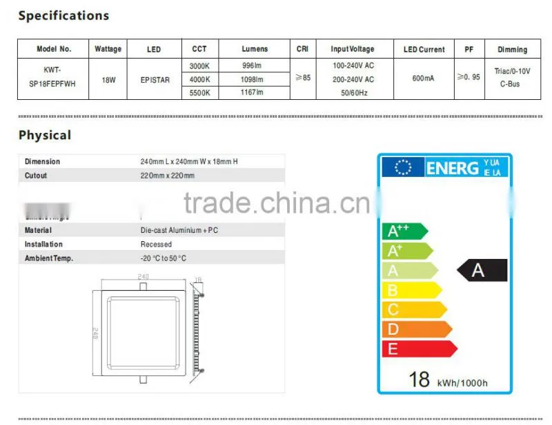 Good Quality Factory Price Dimmable LED Square Panel Light