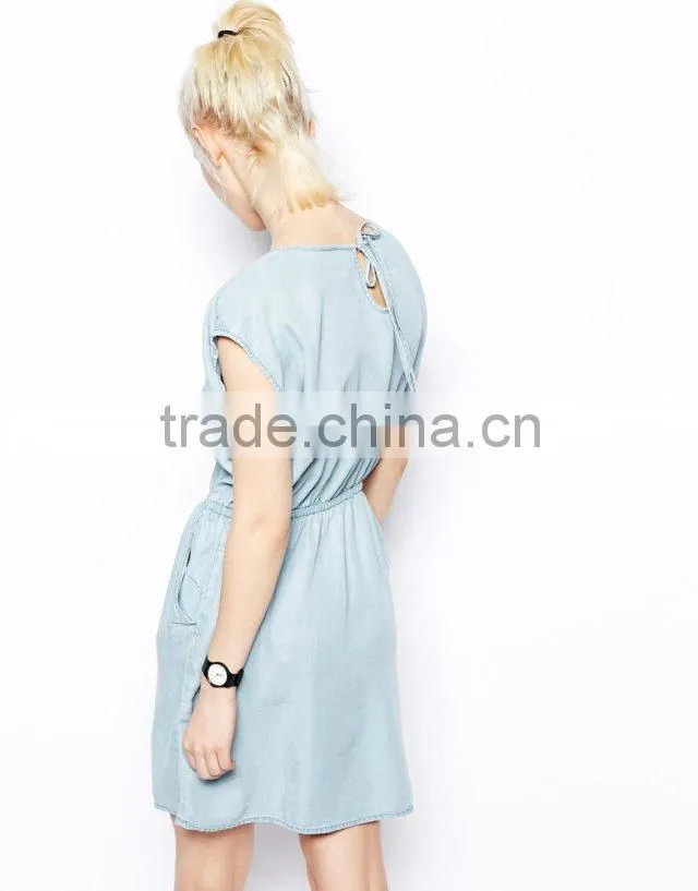2015 fashion Hot Girl casual loose sleeveless denim round neck sexy mini summer dress