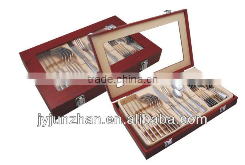 24pcs cutlery in visable wooden box and stainless steel 410 material factory sell directly
