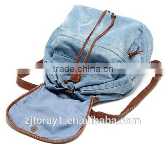 Light Blue waxed canvas backpack with string for student