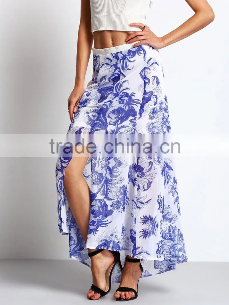 garment factory women print high cutting flowy long maxi skirt 2016