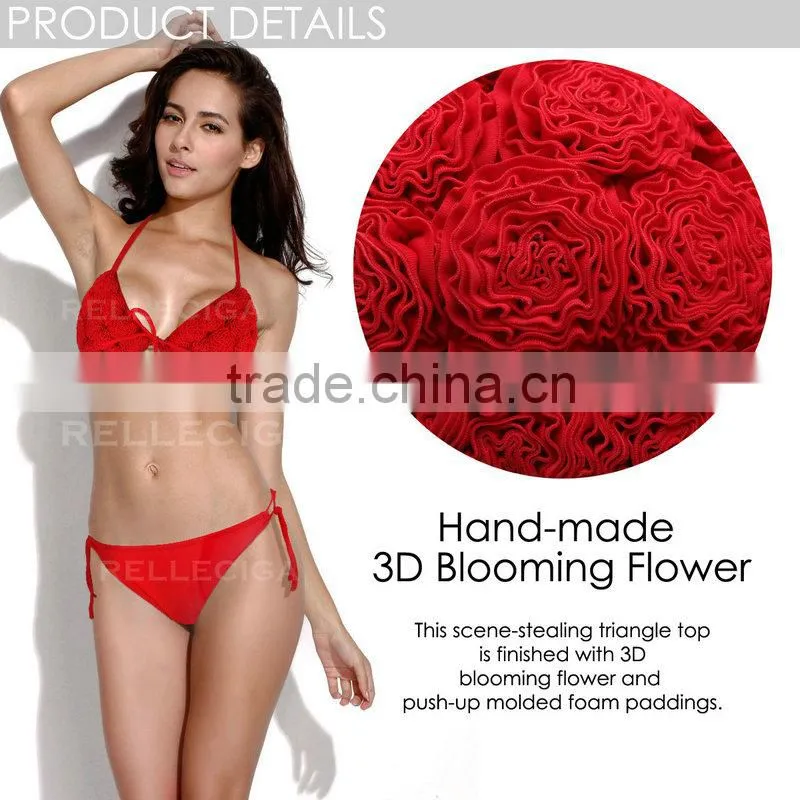 RELLECIGA 2016 Marianne Collection -Red 3D Blooming Flower Triangle Top Bikini Set with Moderate Push-up Molded Cups