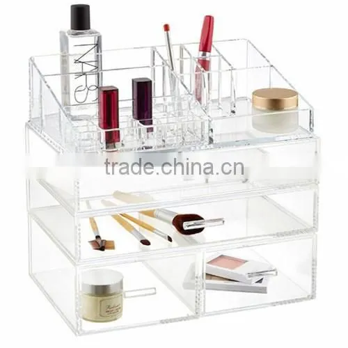 excellent acrylic jewelry & cosmetic storage display boxes/acrylic cosmetic makeup organizer with 3 drawers and top open