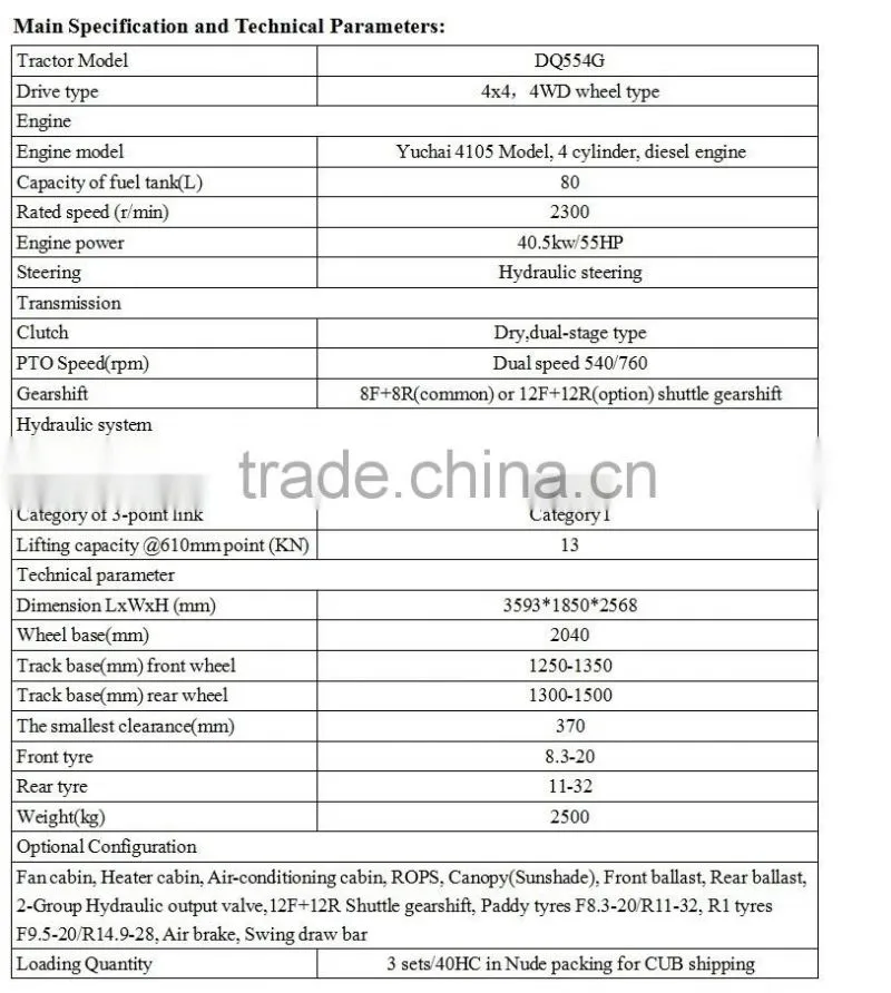 2016 Hot selling 55HP Air conditioning cabin farm tractor with ISO CE PVOC COC certificate