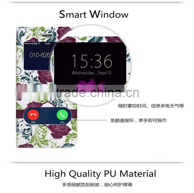 Double window Flower PU leather flip case for iphone 6,mobile phone case