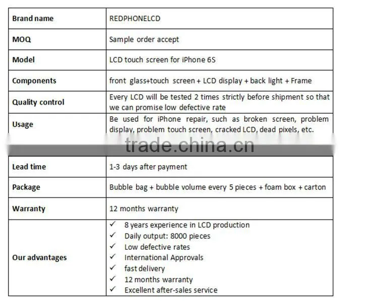 Mobile phone lcd repair display assembly for iphone 6s with firm frame