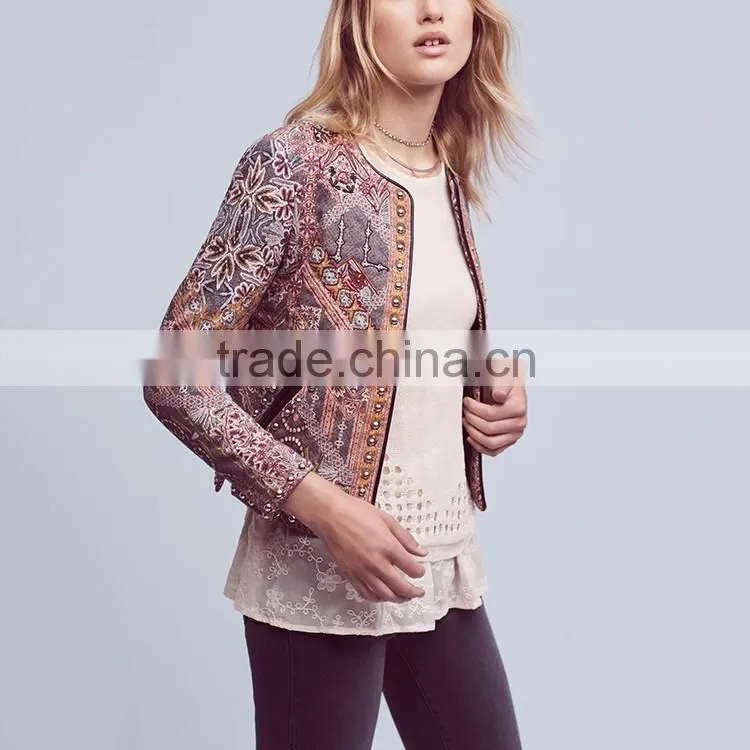 European autumn woman metal studded print cropped jacket for woman