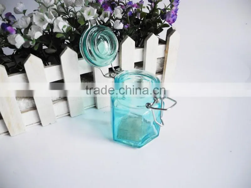 kitchen utensils mini hexagon glass cruet bottle with metal latch top lid