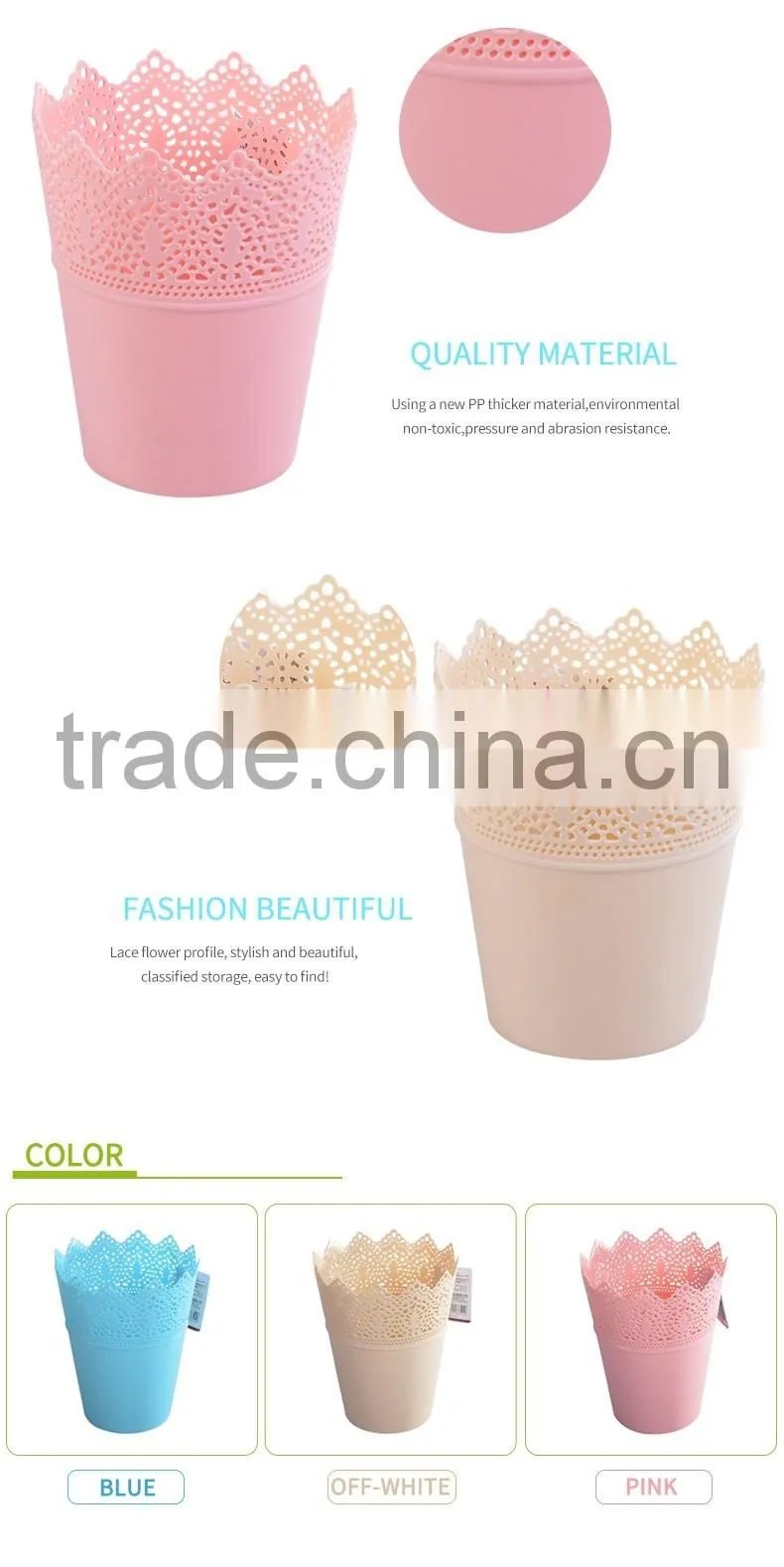 Wholsale round plastic desktop flower pot/mini storage bucket lace hollow style