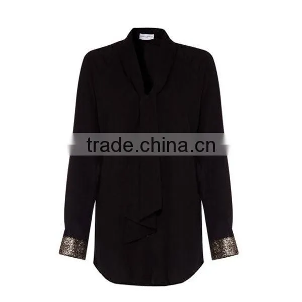 Tops Ladies Rayon Long Sleeve Black Sequin Cuff shirt blouse