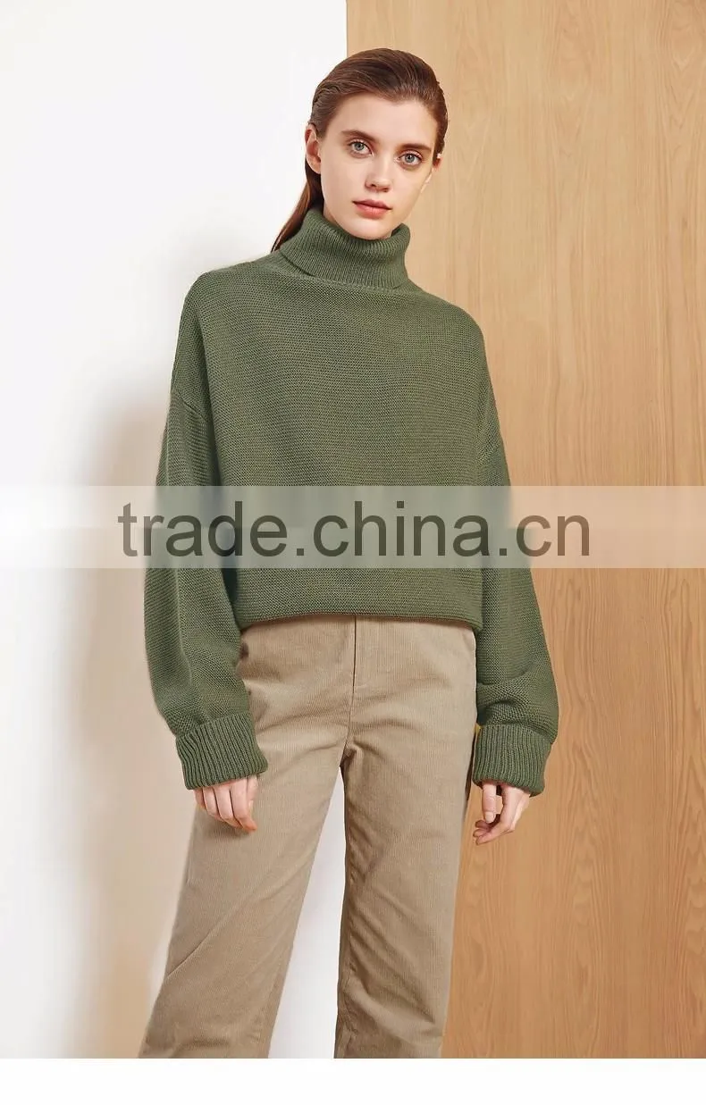 2017 new design style women green color turtleneck long sleeve pullover sweater