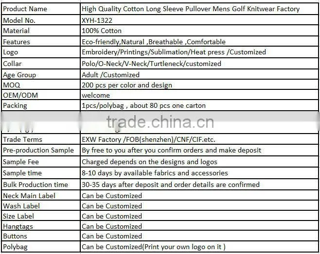 High Quality Cotton Long Sleeve Pullover Mens Golf Knitwear Factory