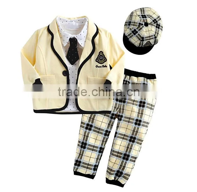2016 Hot Sale Boy Clothing Sets Yellow Coats School Style Boys Suits With Grid Cap And Pants Children Wear Kids Clothes