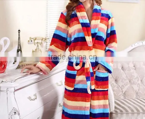 Chinese colorful strip printed unisex coral fleece bathrobe