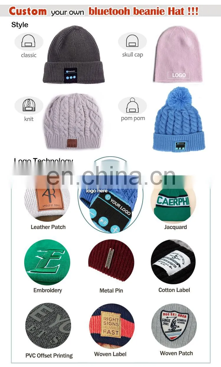 custom acrylic reversible blue tooth beanie hat with woven label for women