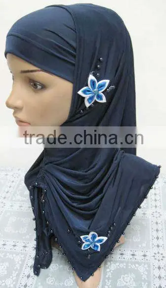 A569 Stylish islamic headscarf HEJAB pearl beaded flower two pieces LONG MUSLIM HIJAB
