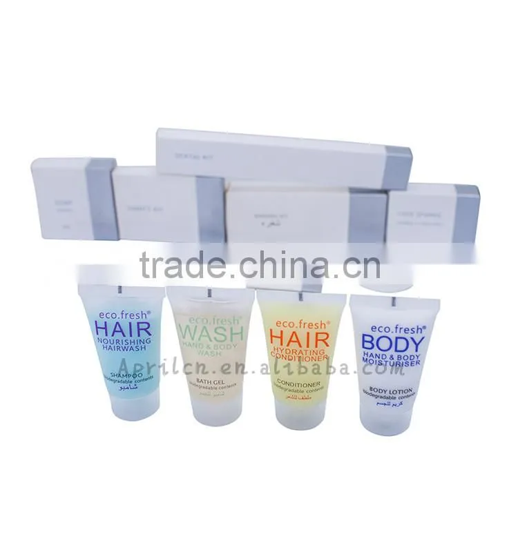Hotel Bathroom Set: shampoo, conditioner, bath gel, body lotion