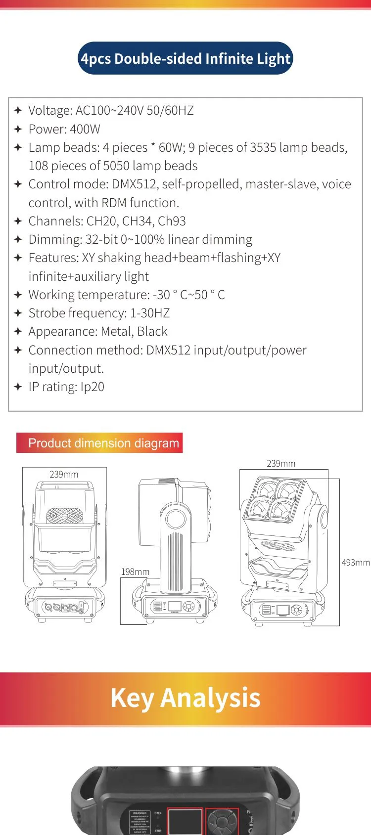 WJ460 Professional Lighting Factory Wholesale 4x60W Double-sided Electrodeless Beam Lighting Double Moving Head Light
