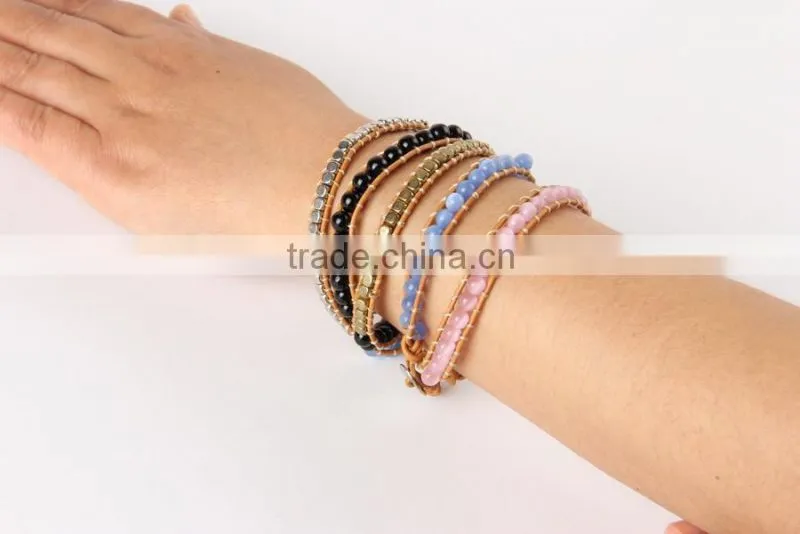 New Crystal Beads With Gold Plated Beads Wrap Bracelets Leather Bracelet With Stones Wholesale Leather Jewelry