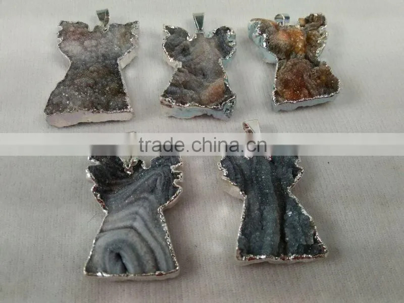 Natural angel shape agate druzy quartz pendant plated edge for jewelry decoration