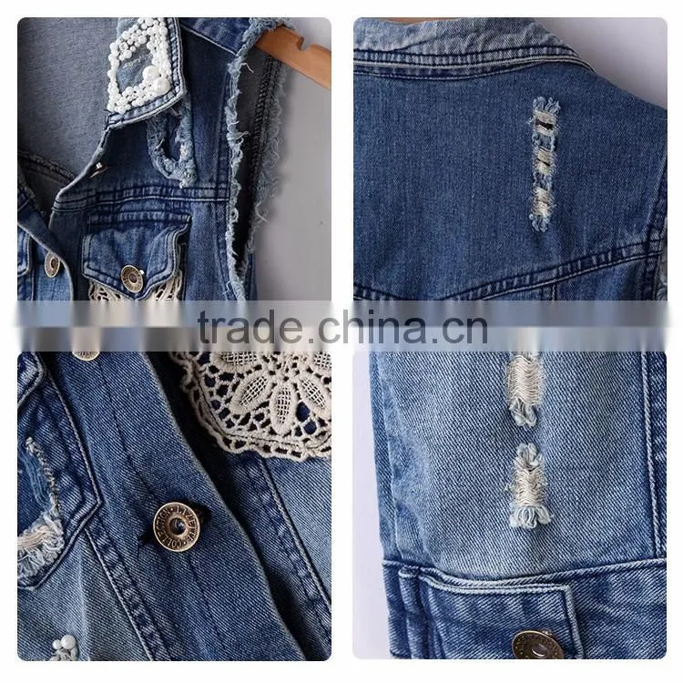 Wholesale bleach basic style denim women's jacket with studs and laces
