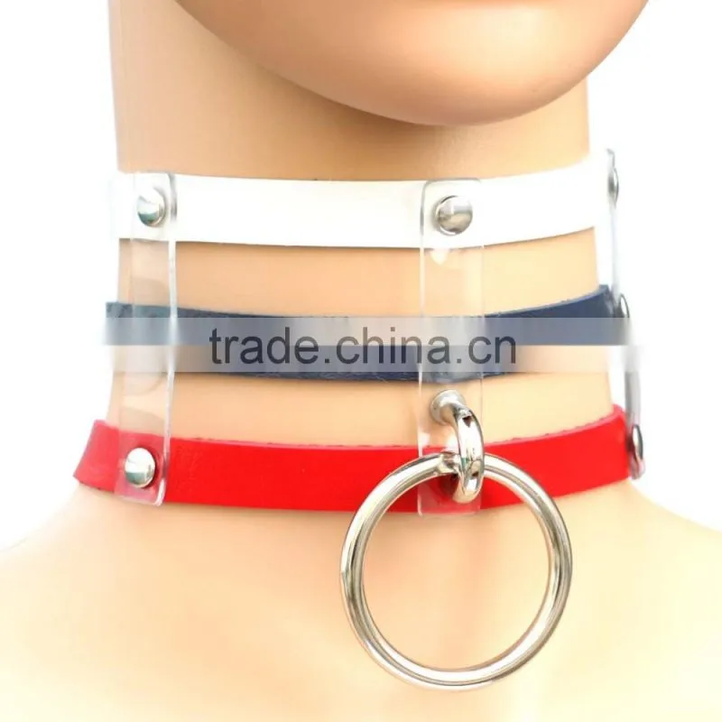 Punk Goth Rivets Choker Handmade Three Row Caged Necklace black Leather Big O Round Choker Collar Necklace Fashion jewelry
