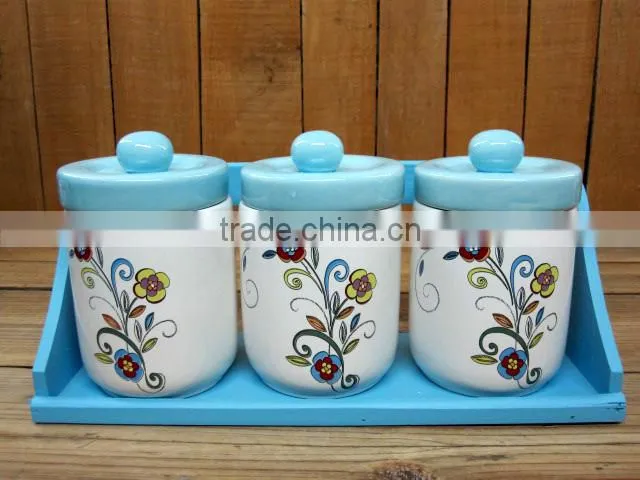 Wheat and Dasiy Decal Ceramic Tea Coffee Sugar canister Set with Wooden Stand