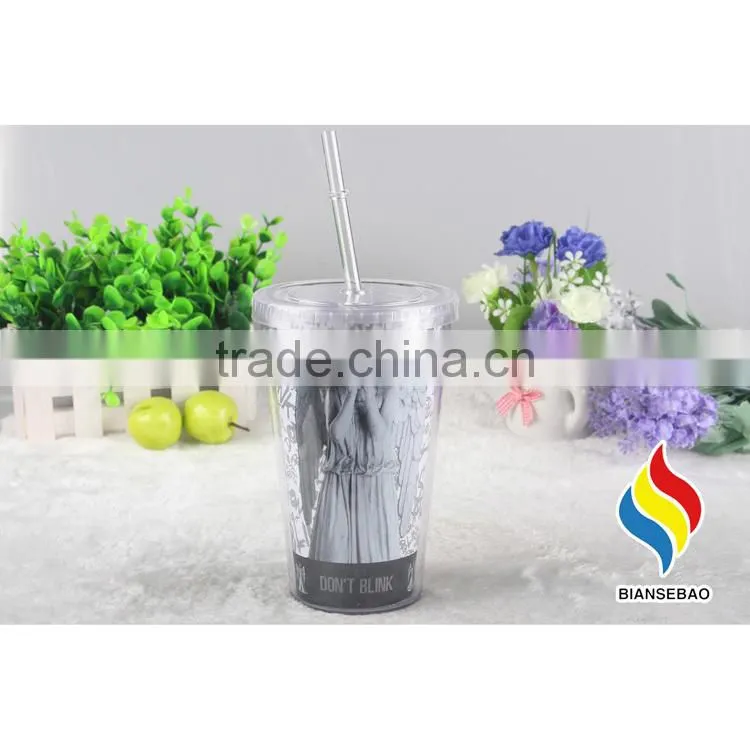 reusable double walled PS/AS plastic cups with lid straw