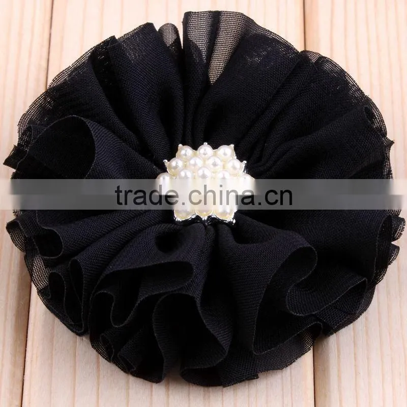 hot cutting chiffon flower with pearl bead center for kids hair accessories