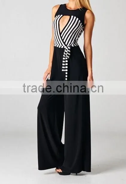 2014 new women block color BLACK WHITE tie Long plus size wide leg soft elegant women stripe evening jumpsuit OEM cheap bulk