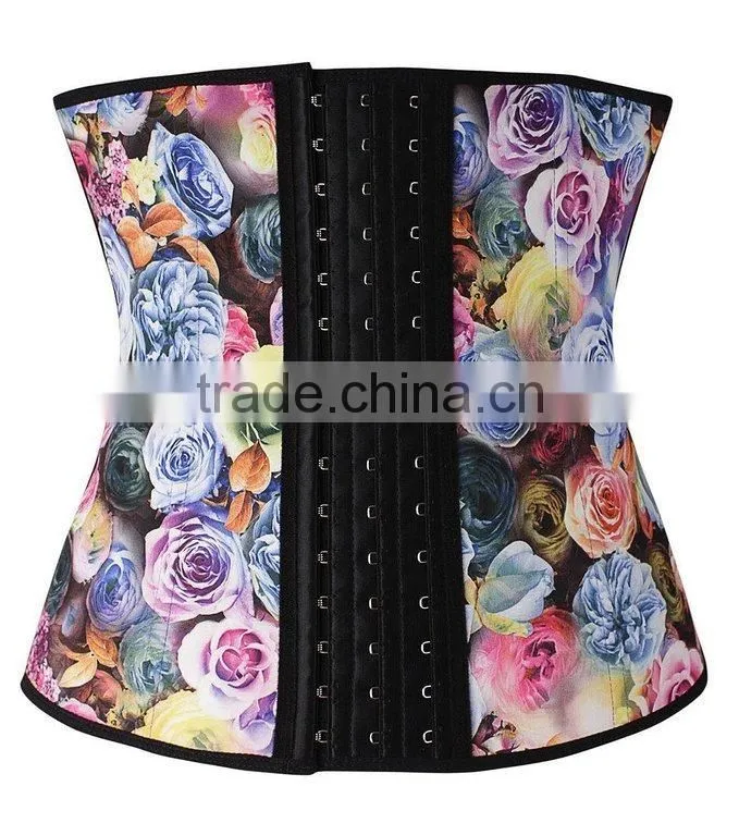 2015 New Fashionable Floral Printed Corset Flower Printed Waist Trainer with 100% Latex