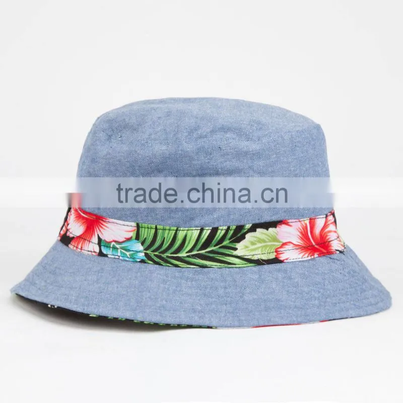 Floral strap custom blank blue denim bucket hat